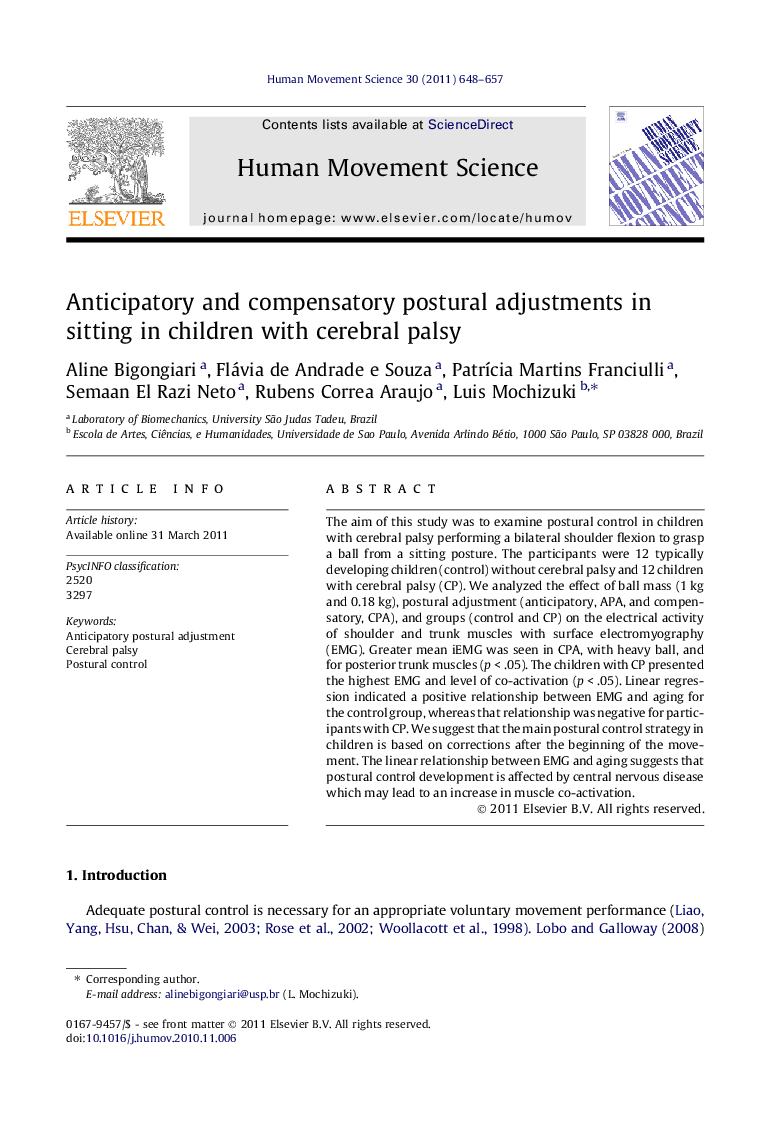 Anticipatory and compensatory postural adjustments in sitting in children with cerebral palsy