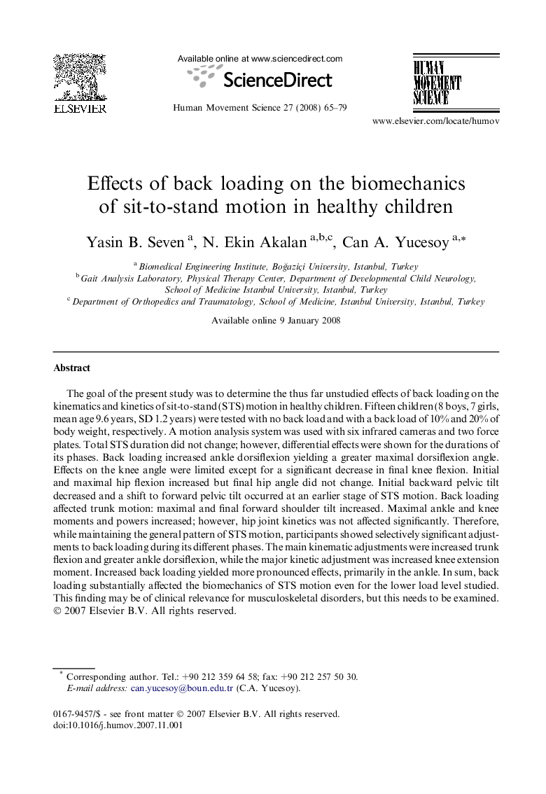 Effects of back loading on the biomechanics of sit-to-stand motion in healthy children