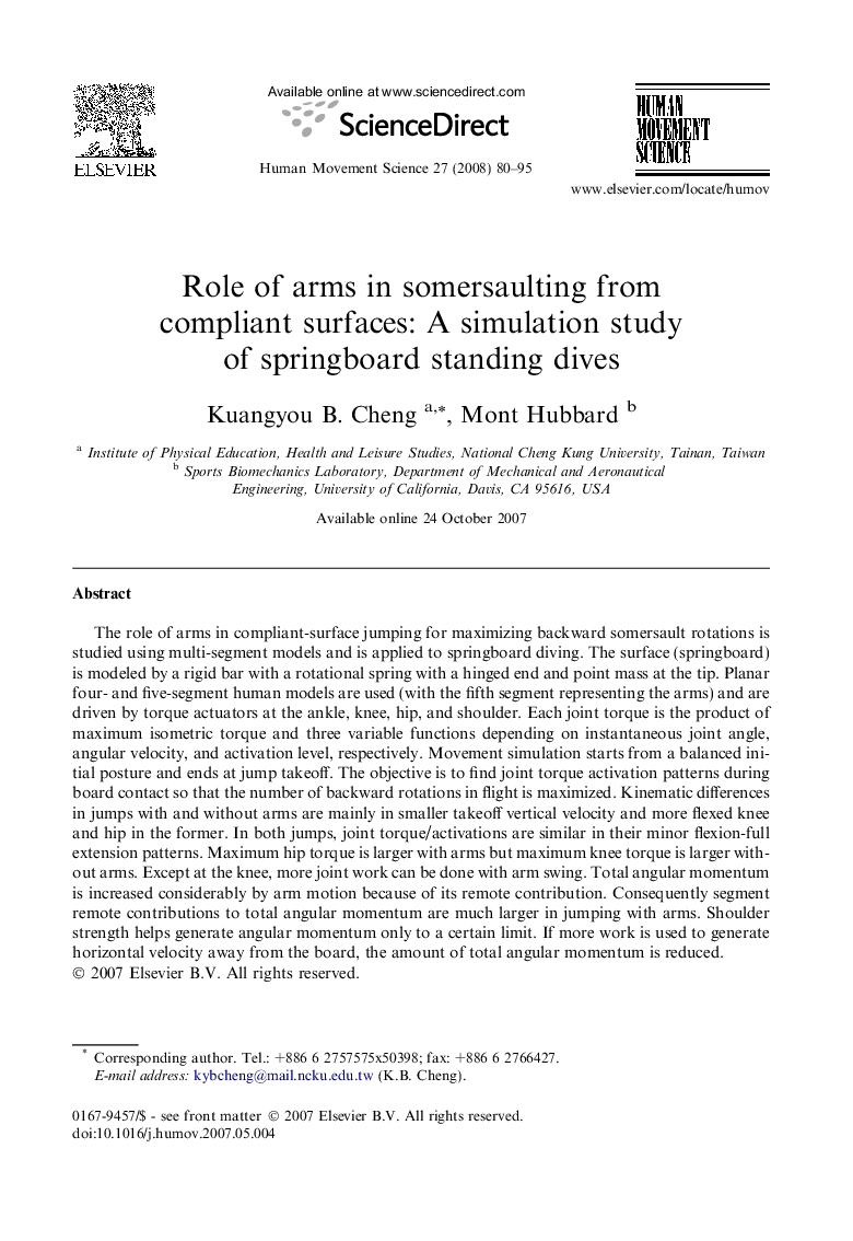 Role of arms in somersaulting from compliant surfaces: A simulation study of springboard standing dives