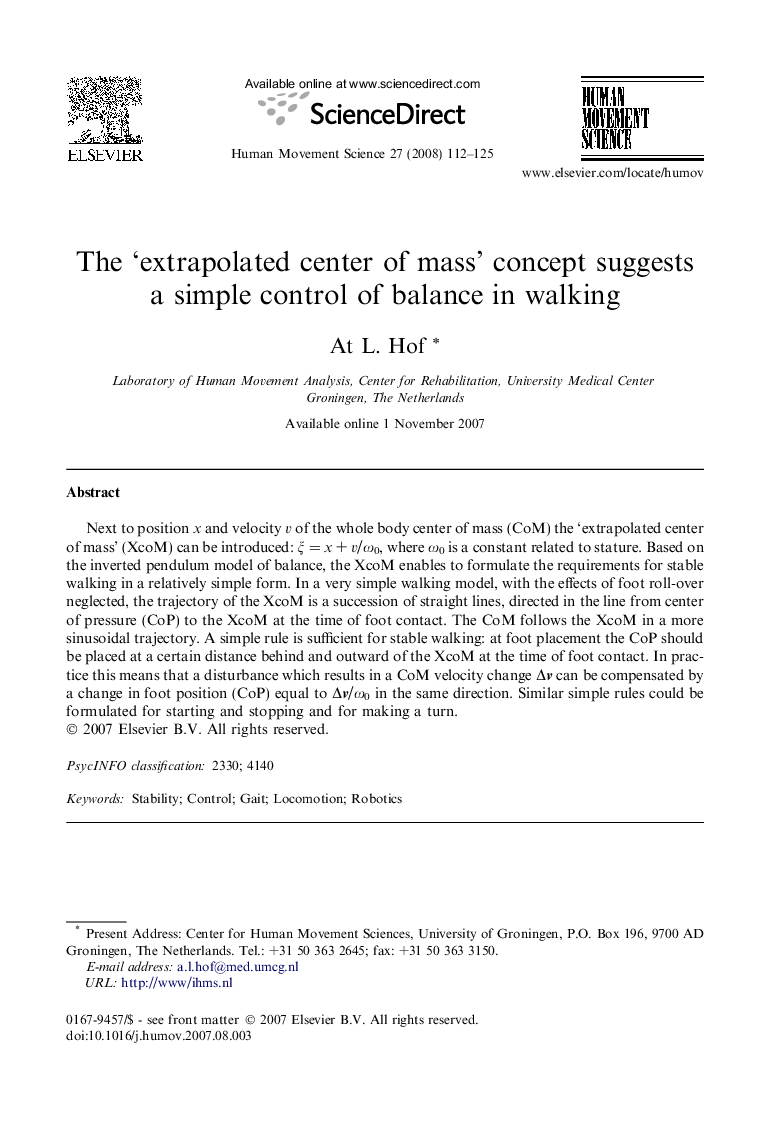 The ‘extrapolated center of mass’ concept suggests a simple control of balance in walking