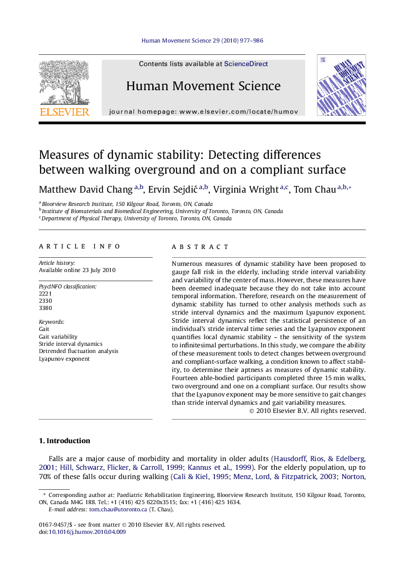 Measures of dynamic stability: Detecting differences between walking overground and on a compliant surface