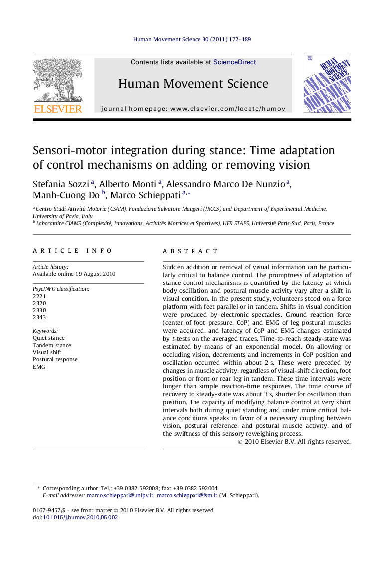 Sensori-motor integration during stance: Time adaptation of control mechanisms on adding or removing vision