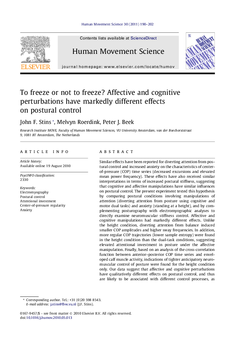 To freeze or not to freeze? Affective and cognitive perturbations have markedly different effects on postural control