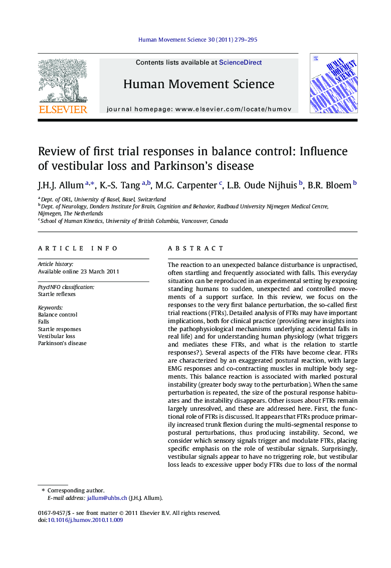 Review of first trial responses in balance control: Influence of vestibular loss and Parkinson’s disease