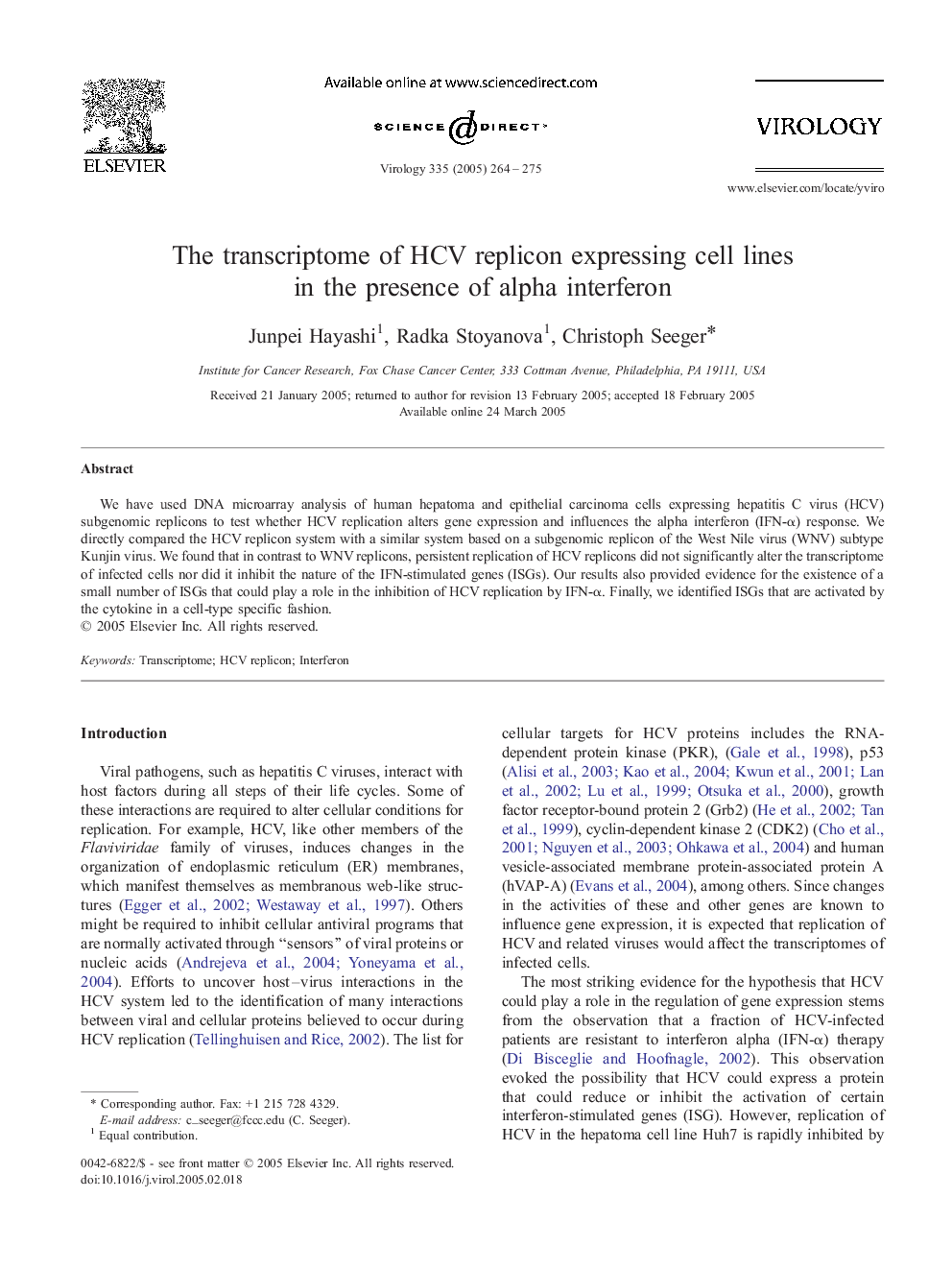 The transcriptome of HCV replicon expressing cell lines in the presence of alpha interferon