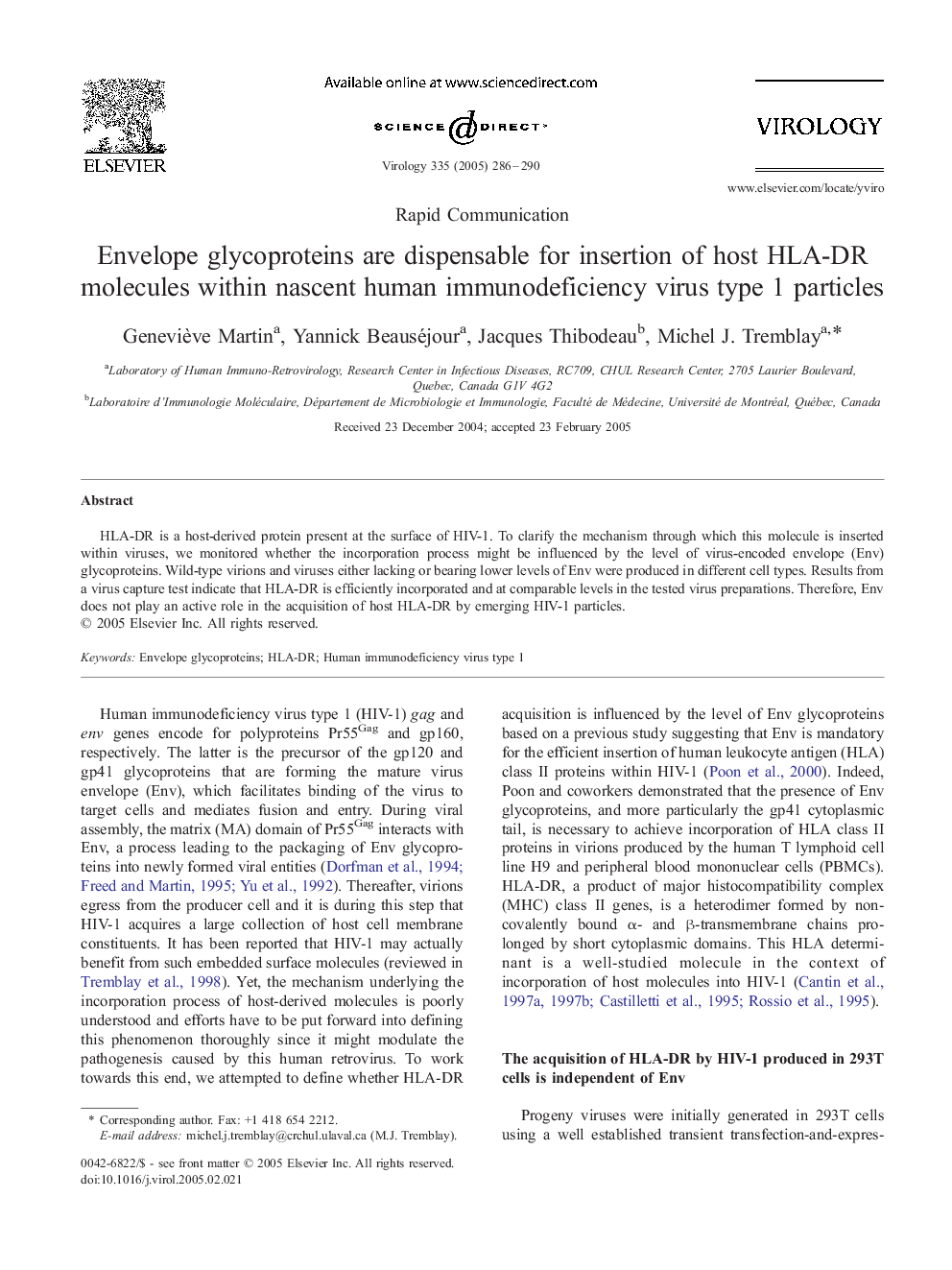 Envelope glycoproteins are dispensable for insertion of host HLA-DR molecules within nascent human immunodeficiency virus type 1 particles