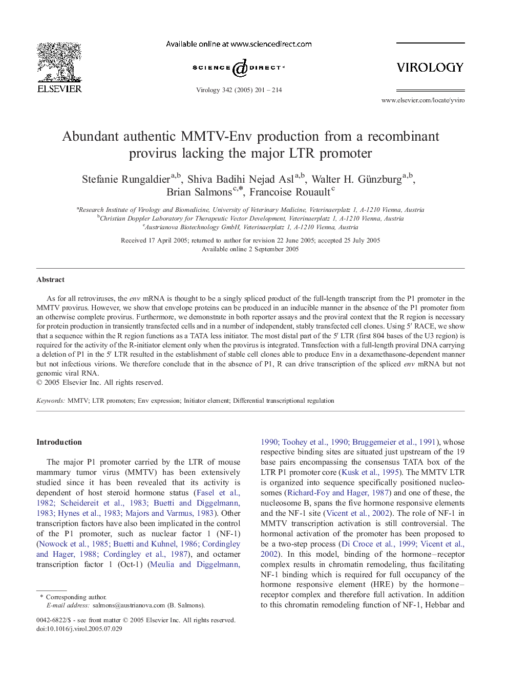 Abundant authentic MMTV-Env production from a recombinant provirus lacking the major LTR promoter