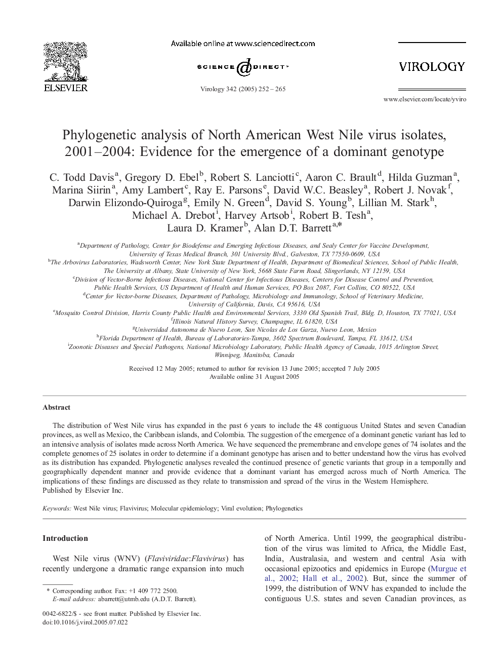 Phylogenetic analysis of North American West Nile virus isolates, 2001-2004: Evidence for the emergence of a dominant genotype