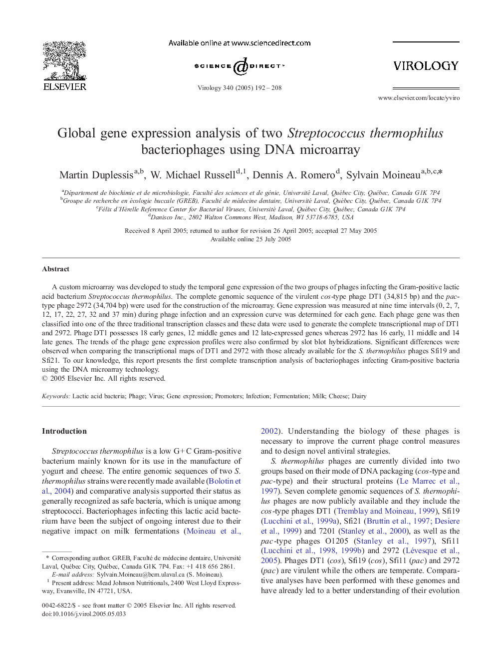 Global gene expression analysis of two Streptococcus thermophilus bacteriophages using DNA microarray