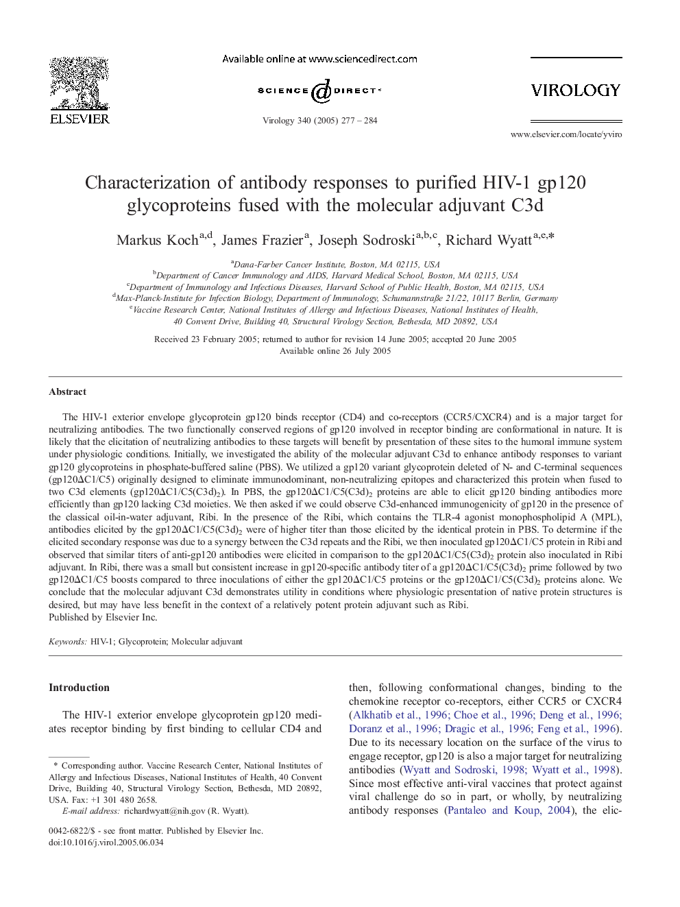 Characterization of antibody responses to purified HIV-1 gp120 glycoproteins fused with the molecular adjuvant C3d