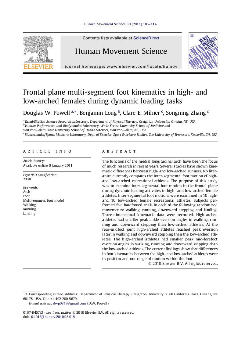 Frontal plane multi-segment foot kinematics in high- and low-arched females during dynamic loading tasks