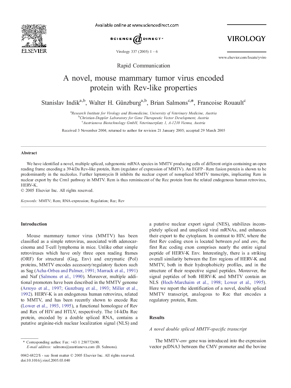 A novel, mouse mammary tumor virus encoded protein with Rev-like properties