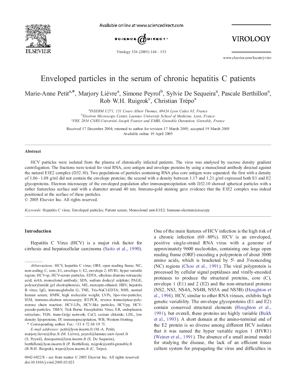 Enveloped particles in the serum of chronic hepatitis C patients