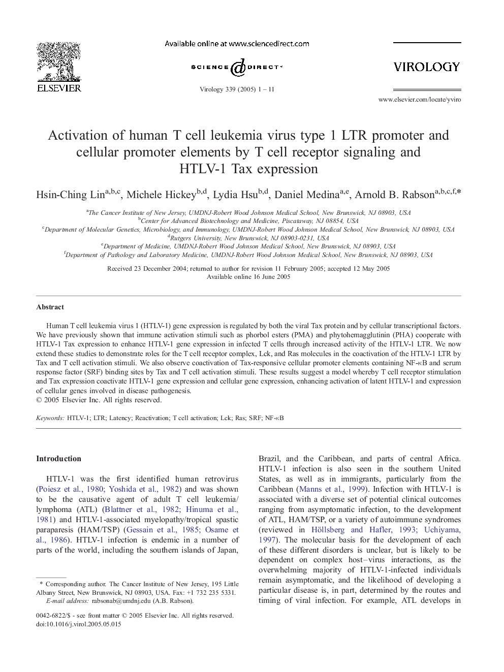 عکس صفحه اول مقاله: Activation of human T cell leukemia virus type 1 LTR promoter and cellular promoter elements by T cell receptor signaling and HTLV-1 Tax expression Activation of human T cell leukemia virus type 1 LTR promoter and cellular promoter elements by T cell receptor signaling and HTLV-1 Tax expression
