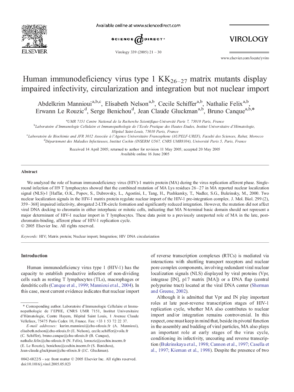 عکس صفحه اول مقاله: Human immunodeficiency virus type 1 KK26-27 matrix mutants display impaired infectivity, circularization and integration but not nuclear import Human immunodeficiency virus type 1 KK26-27 matrix mutants display impaired infectivity, circularization and integration but not nuclear import