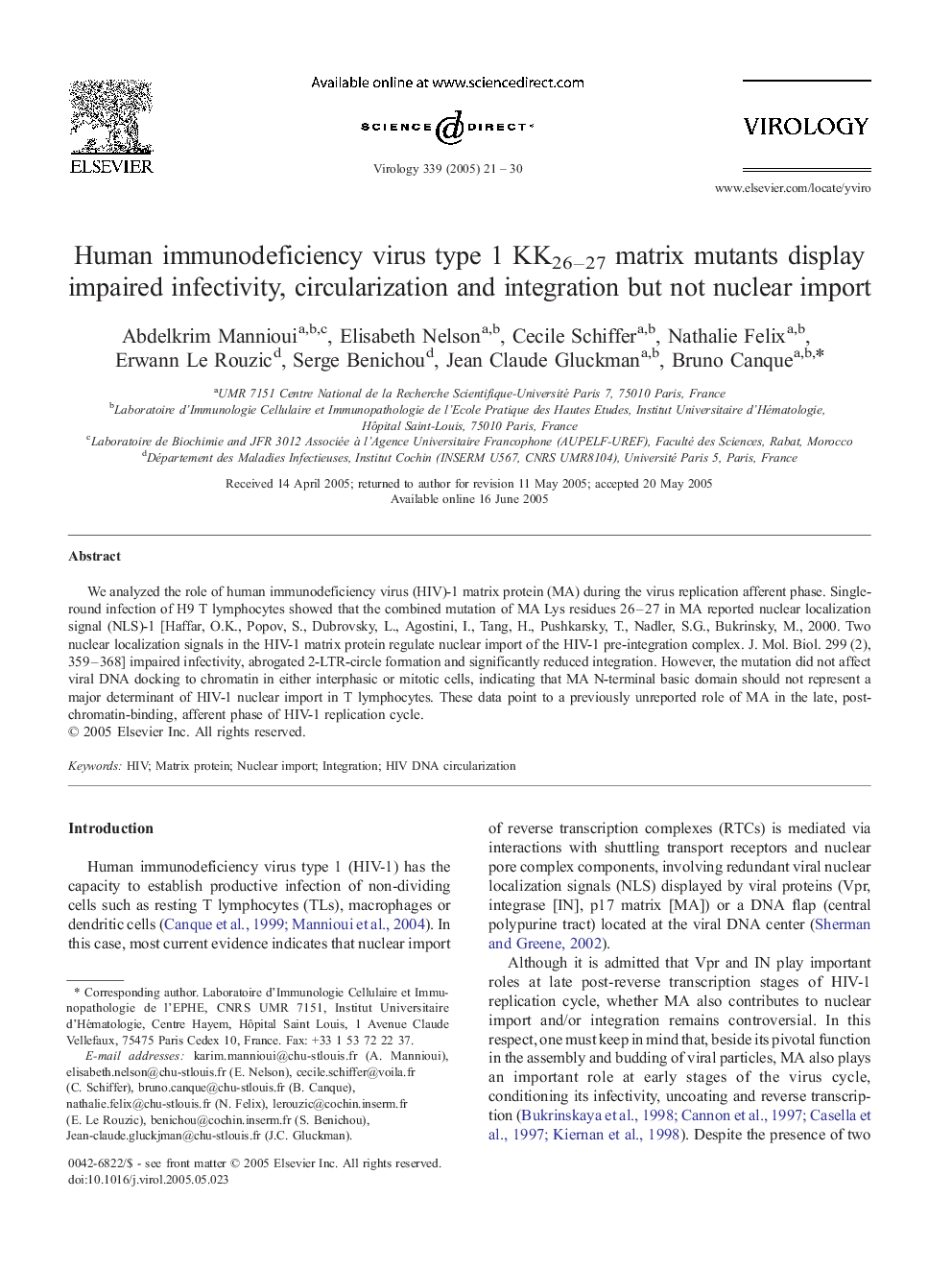 Human immunodeficiency virus type 1 KK26-27 matrix mutants display impaired infectivity, circularization and integration but not nuclear import