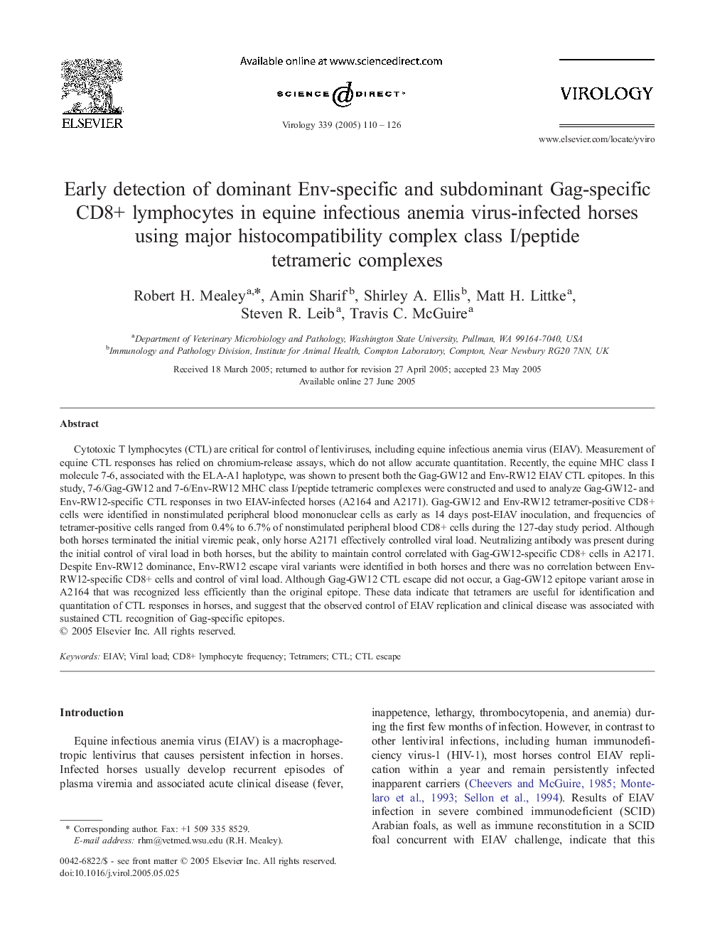 Early detection of dominant Env-specific and subdominant Gag-specific CD8+ lymphocytes in equine infectious anemia virus-infected horses using major histocompatibility complex class I/peptide tetrameric complexes