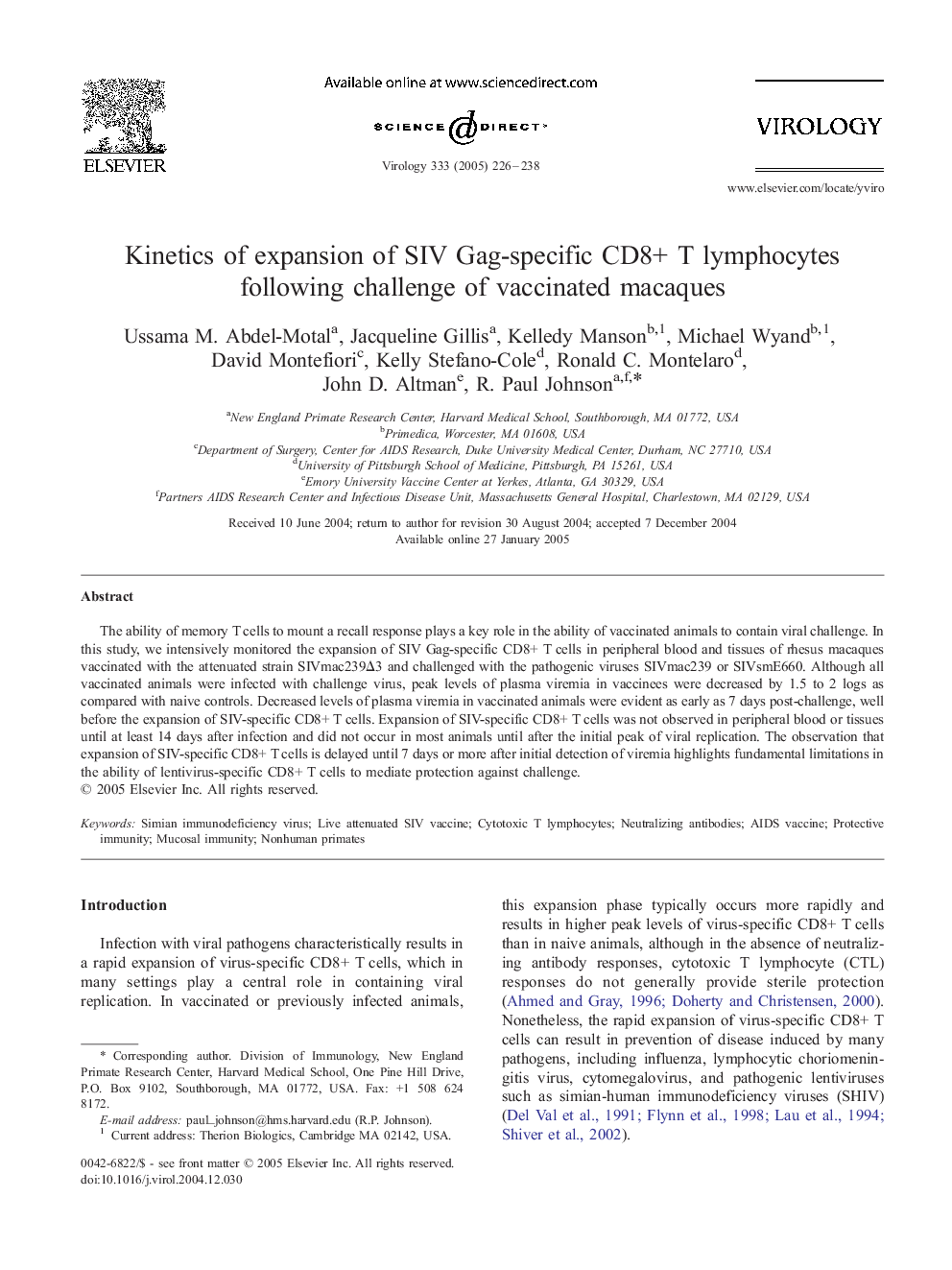 Kinetics of expansion of SIV Gag-specific CD8+ T lymphocytes following challenge of vaccinated macaques