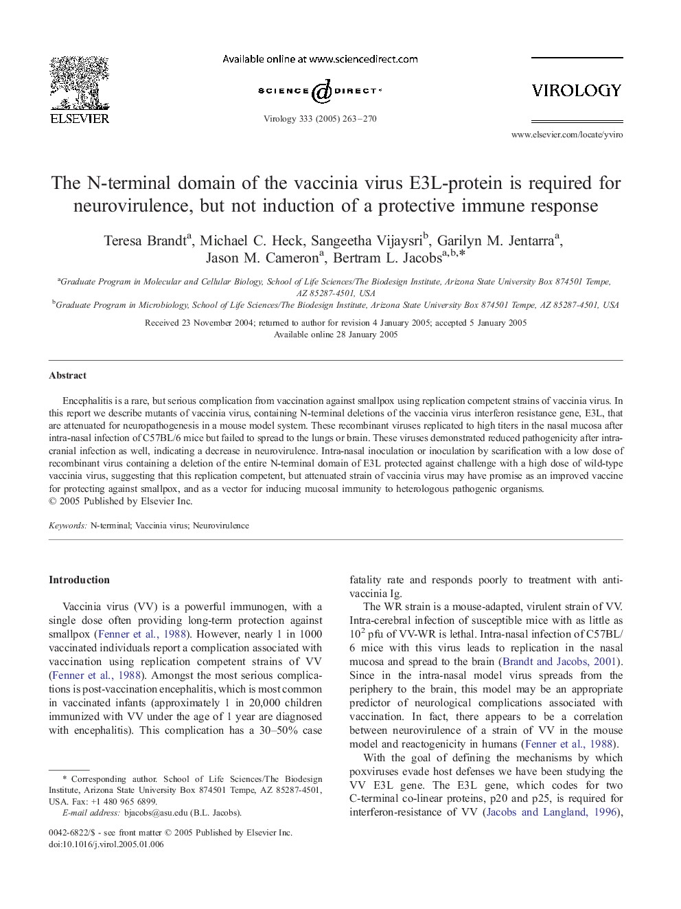 The N-terminal domain of the vaccinia virus E3L-protein is required for neurovirulence, but not induction of a protective immune response