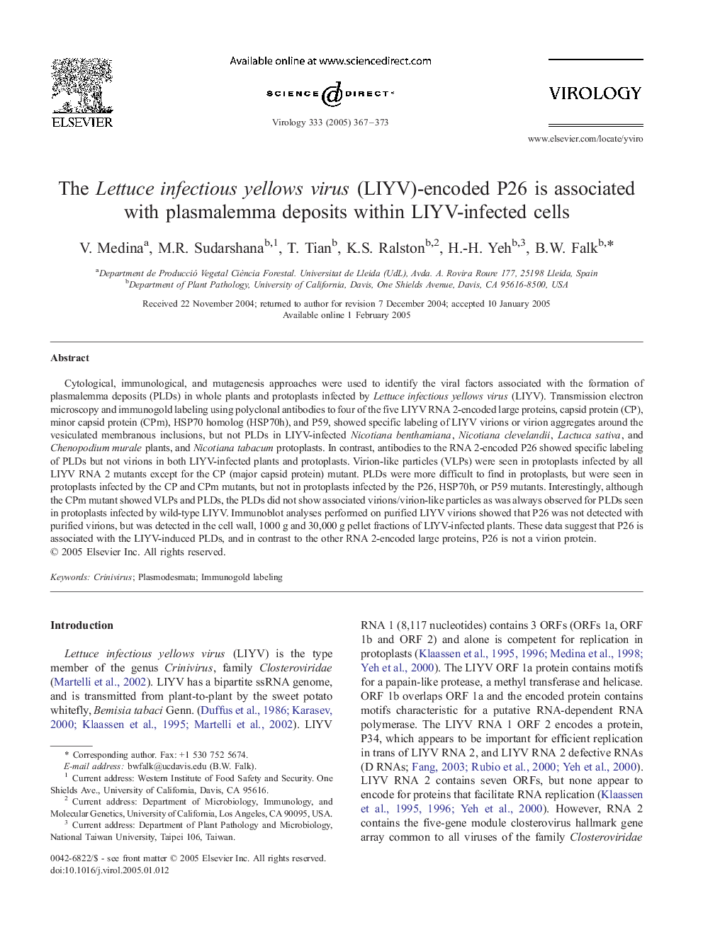 The Lettuce infectious yellows virus (LIYV)-encoded P26 is associated with plasmalemma deposits within LIYV-infected cells