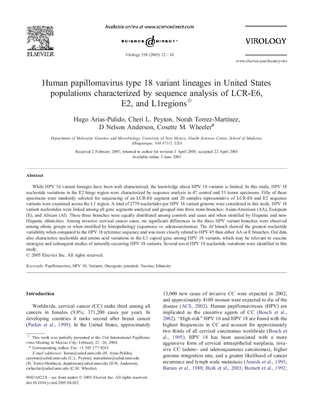 Human papillomavirus type 18 variant lineages in United States populations characterized by sequence analysis of LCR-E6, E2, and L1regions