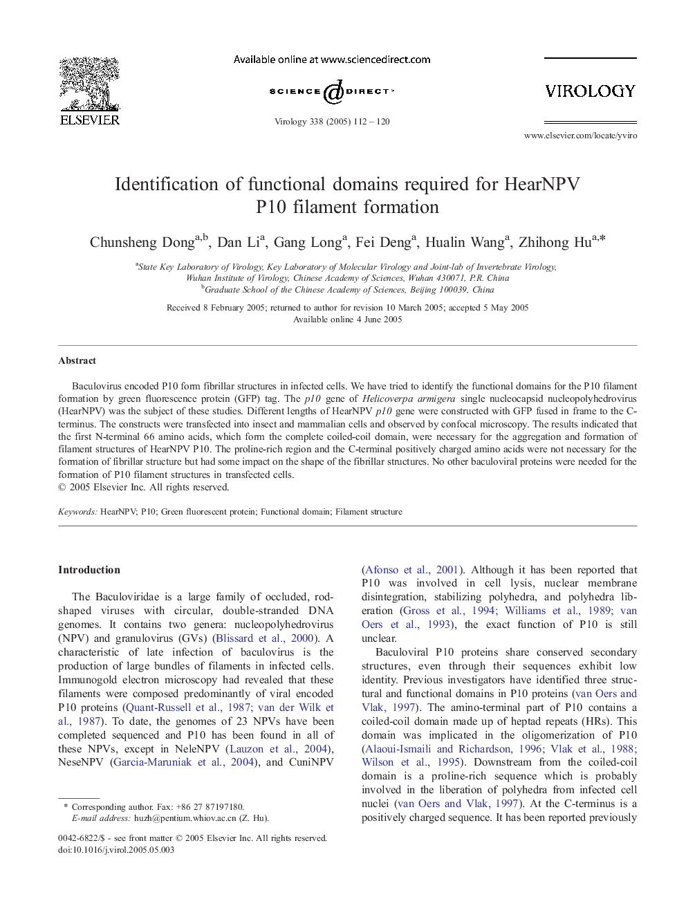 Identification of functional domains required for HearNPV P10 filament formation