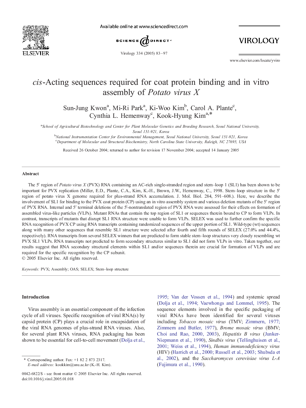 cis-Acting sequences required for coat protein binding and in vitro assembly of Potato virus X