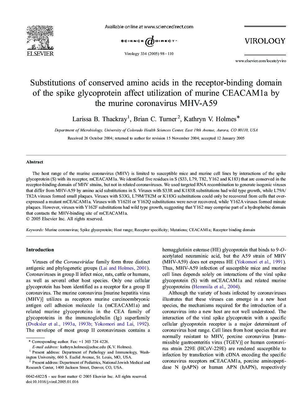 Substitutions of conserved amino acids in the receptor-binding domain of the spike glycoprotein affect utilization of murine CEACAM1a by the murine coronavirus MHV-A59
