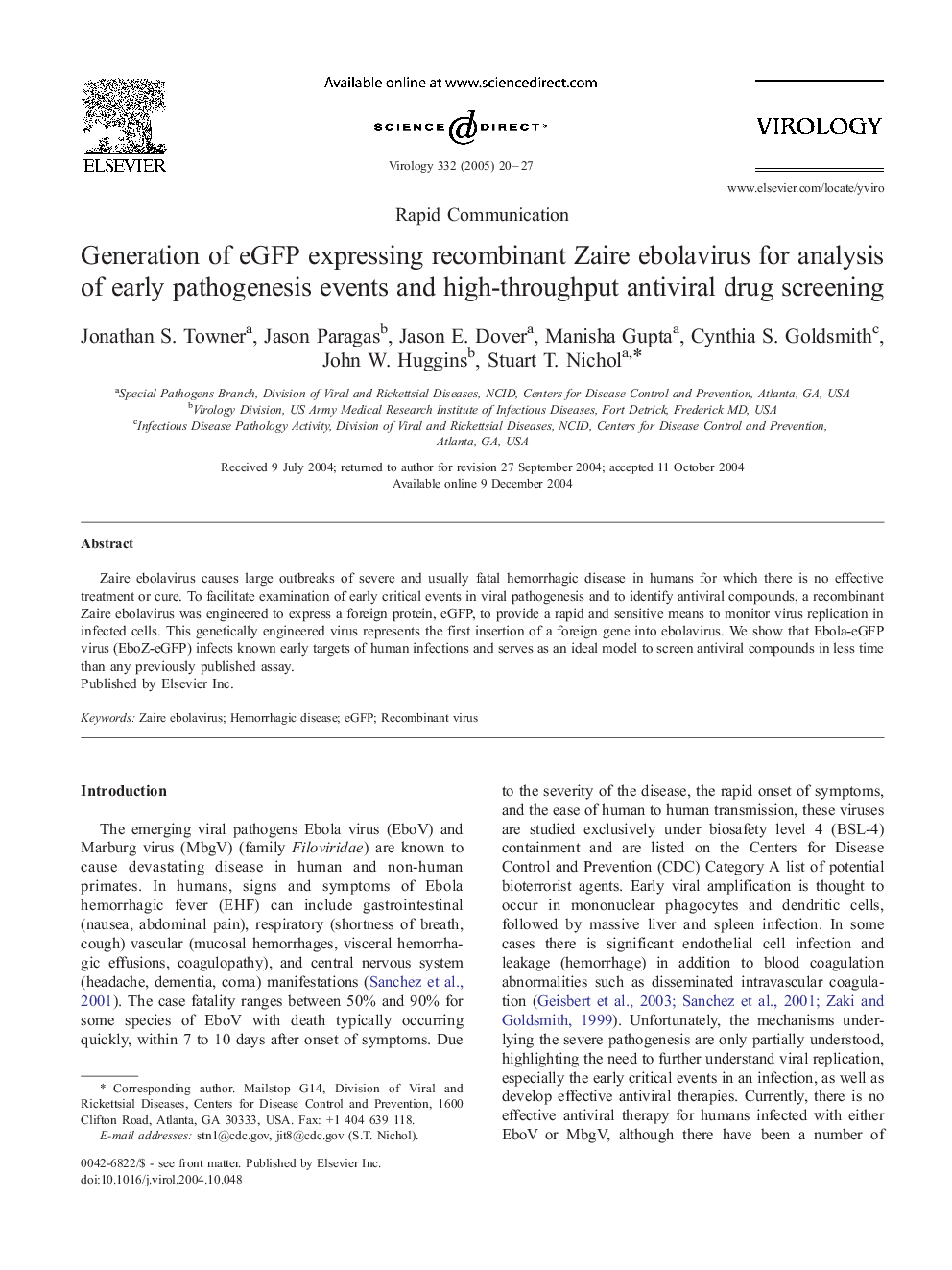 Generation of eGFP expressing recombinant Zaire ebolavirus for analysis of early pathogenesis events and high-throughput antiviral drug screening