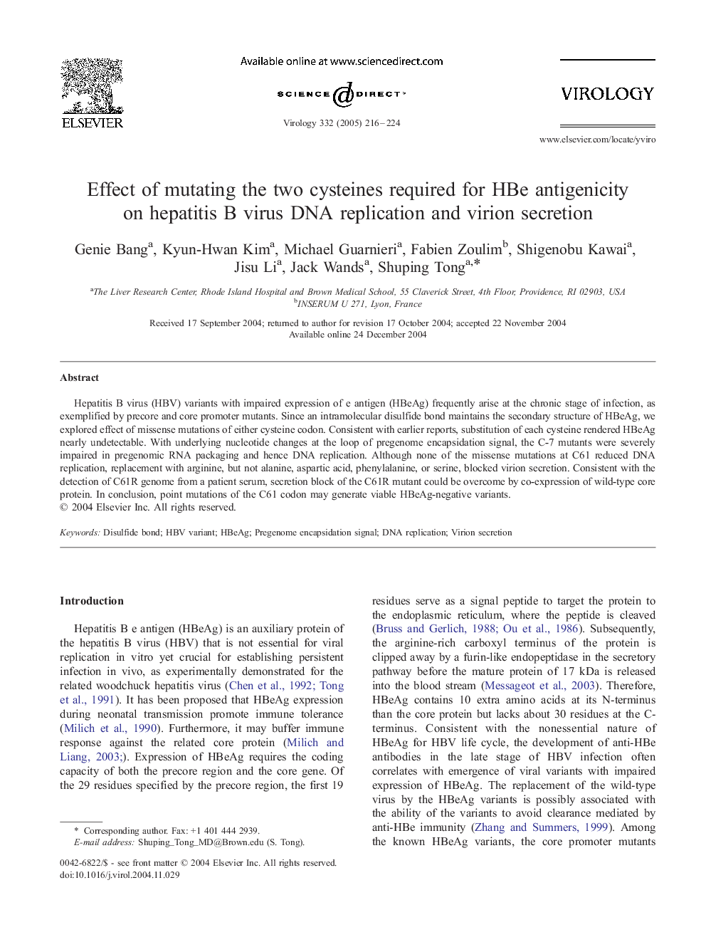 Effect of mutating the two cysteines required for HBe antigenicity on hepatitis B virus DNA replication and virion secretion