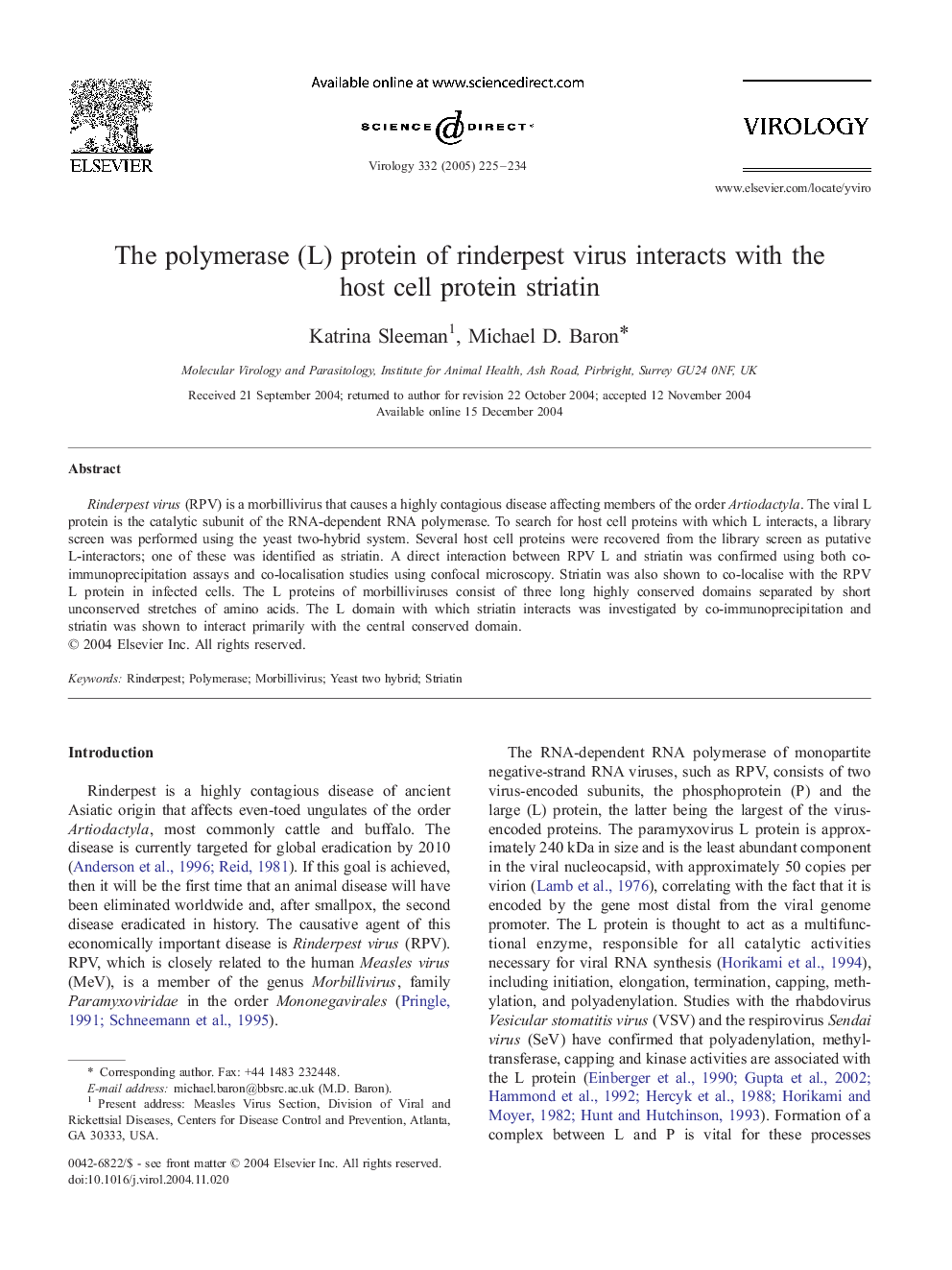 The polymerase (L) protein of rinderpest virus interacts with the host cell protein striatin