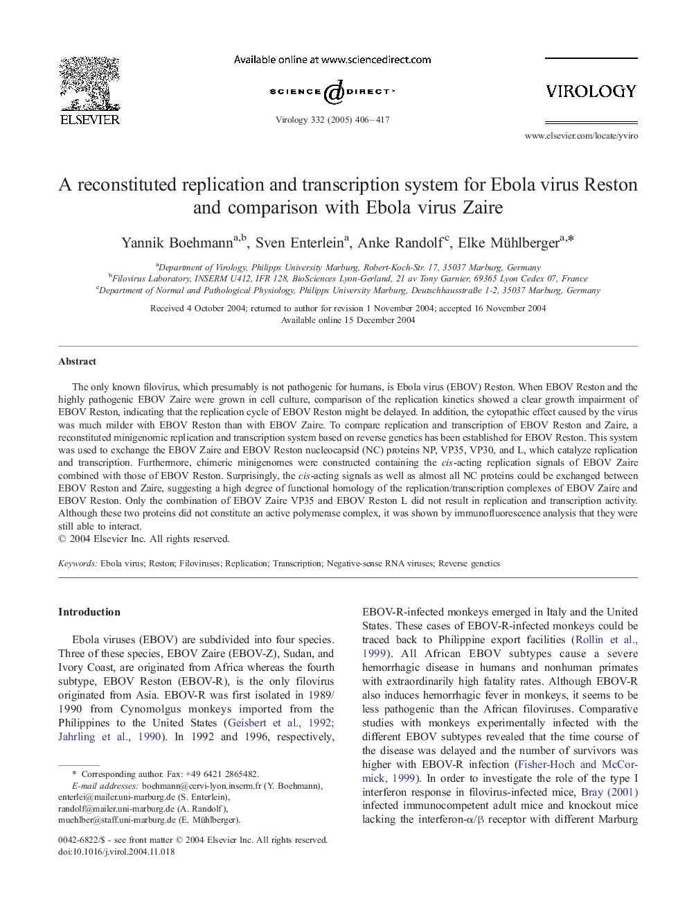 A reconstituted replication and transcription system for Ebola virus Reston and comparison with Ebola virus Zaire