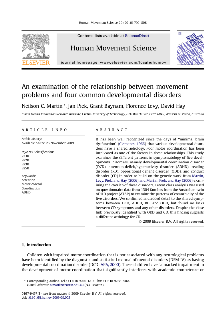 An examination of the relationship between movement problems and four common developmental disorders