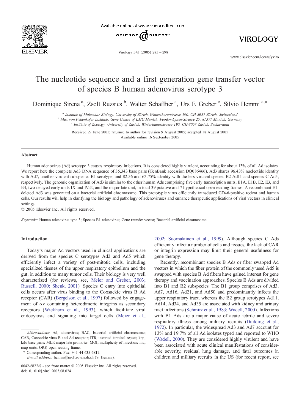 The nucleotide sequence and a first generation gene transfer vector of species B human adenovirus serotype 3