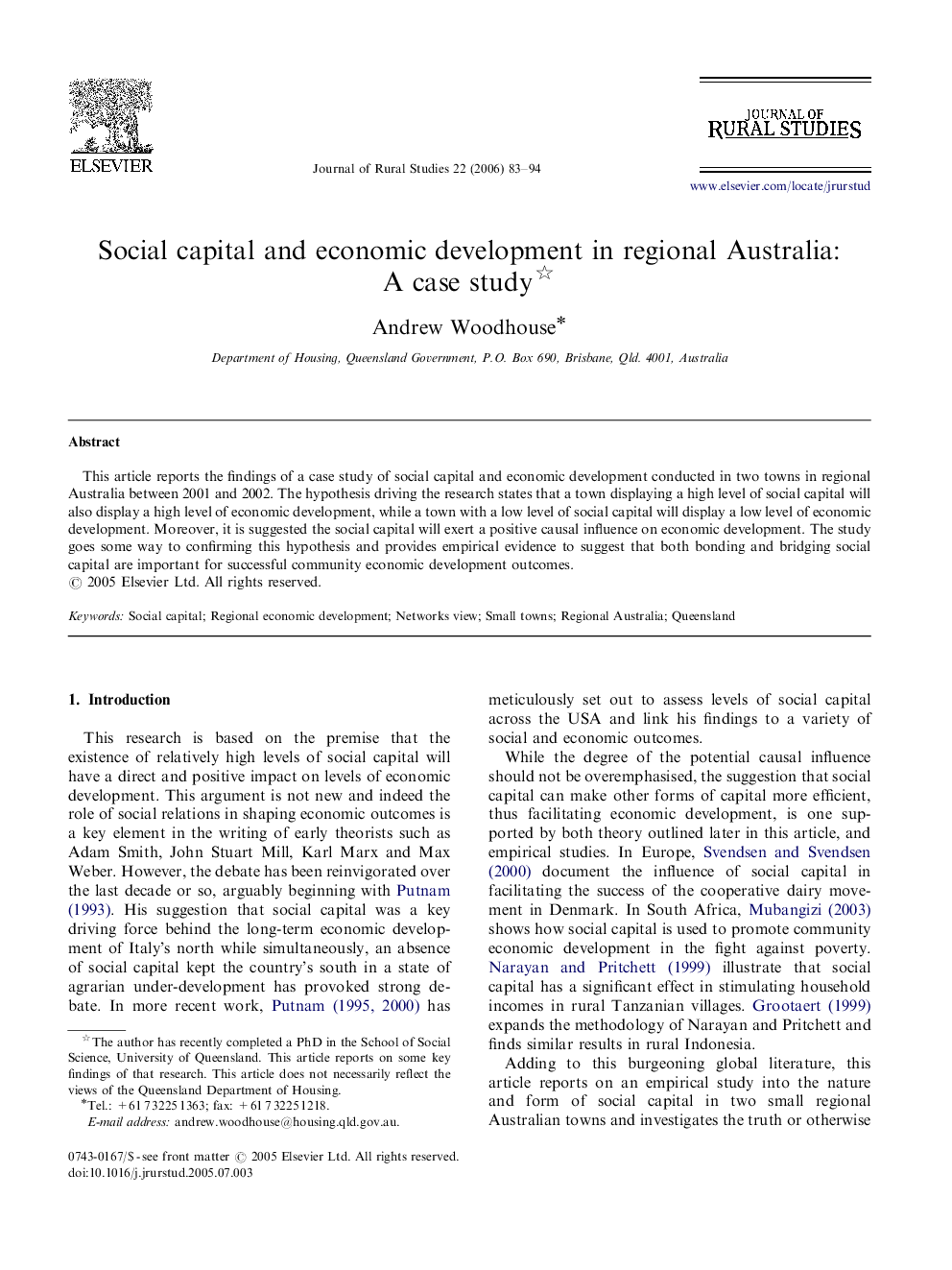 Social capital and economic development in regional Australia: A case study 