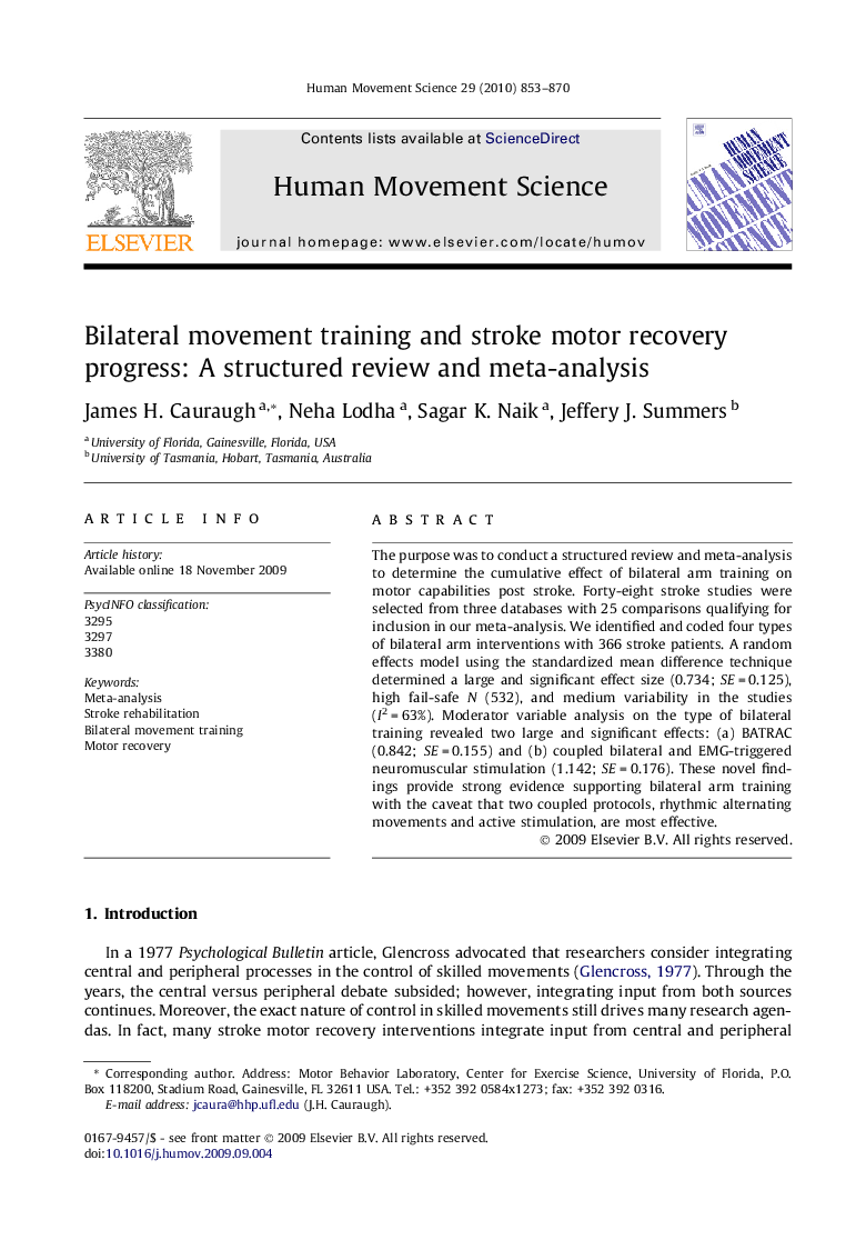 Bilateral movement training and stroke motor recovery progress: A structured review and meta-analysis