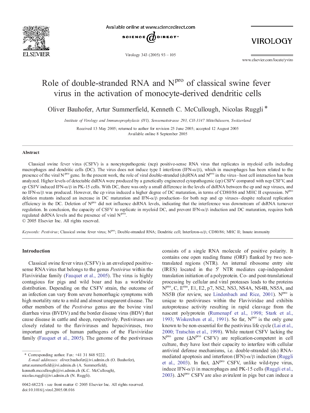 Role of double-stranded RNA and Npro of classical swine fever virus in the activation of monocyte-derived dendritic cells