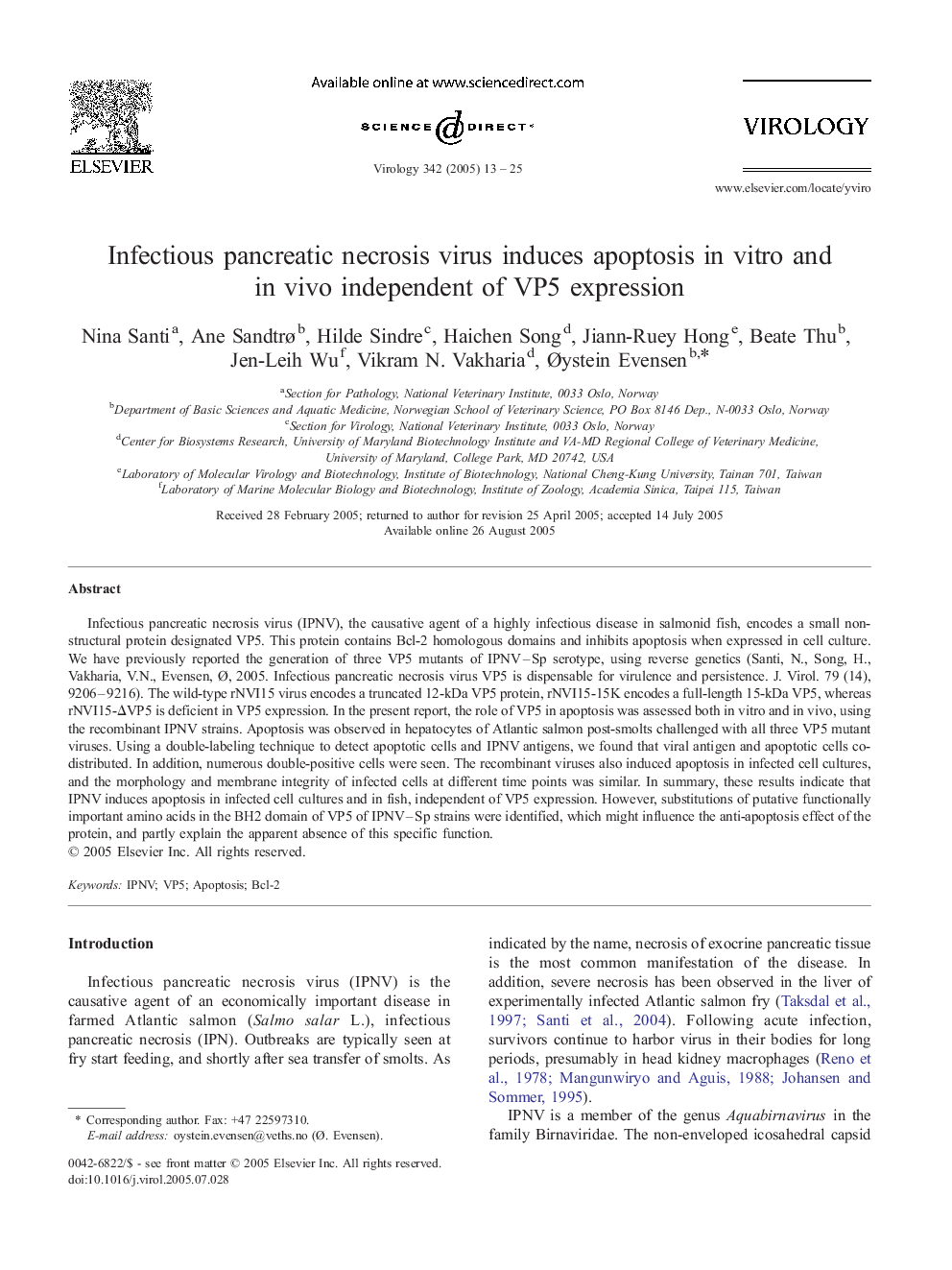 Infectious pancreatic necrosis virus induces apoptosis in vitro and in vivo independent of VP5 expression