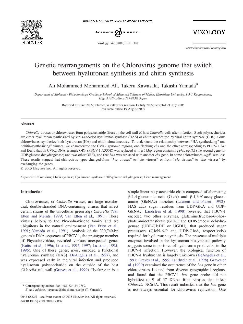 Genetic rearrangements on the Chlorovirus genome that switch between hyaluronan synthesis and chitin synthesis