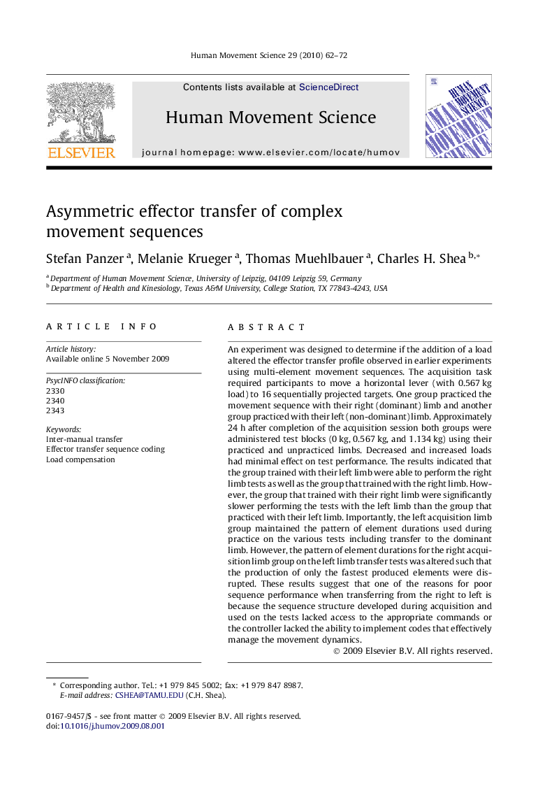 Asymmetric effector transfer of complex movement sequences