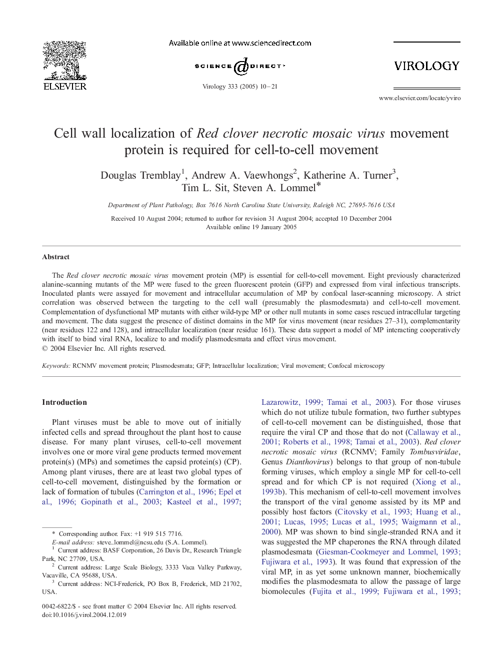 Cell wall localization of Red clover necrotic mosaic virus movement protein is required for cell-to-cell movement