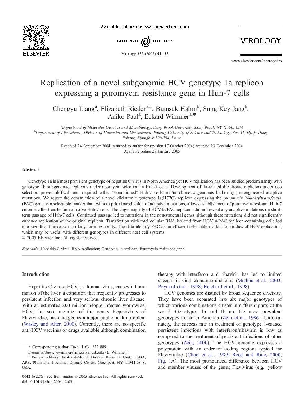 Replication of a novel subgenomic HCV genotype 1a replicon expressing a puromycin resistance gene in Huh-7 cells