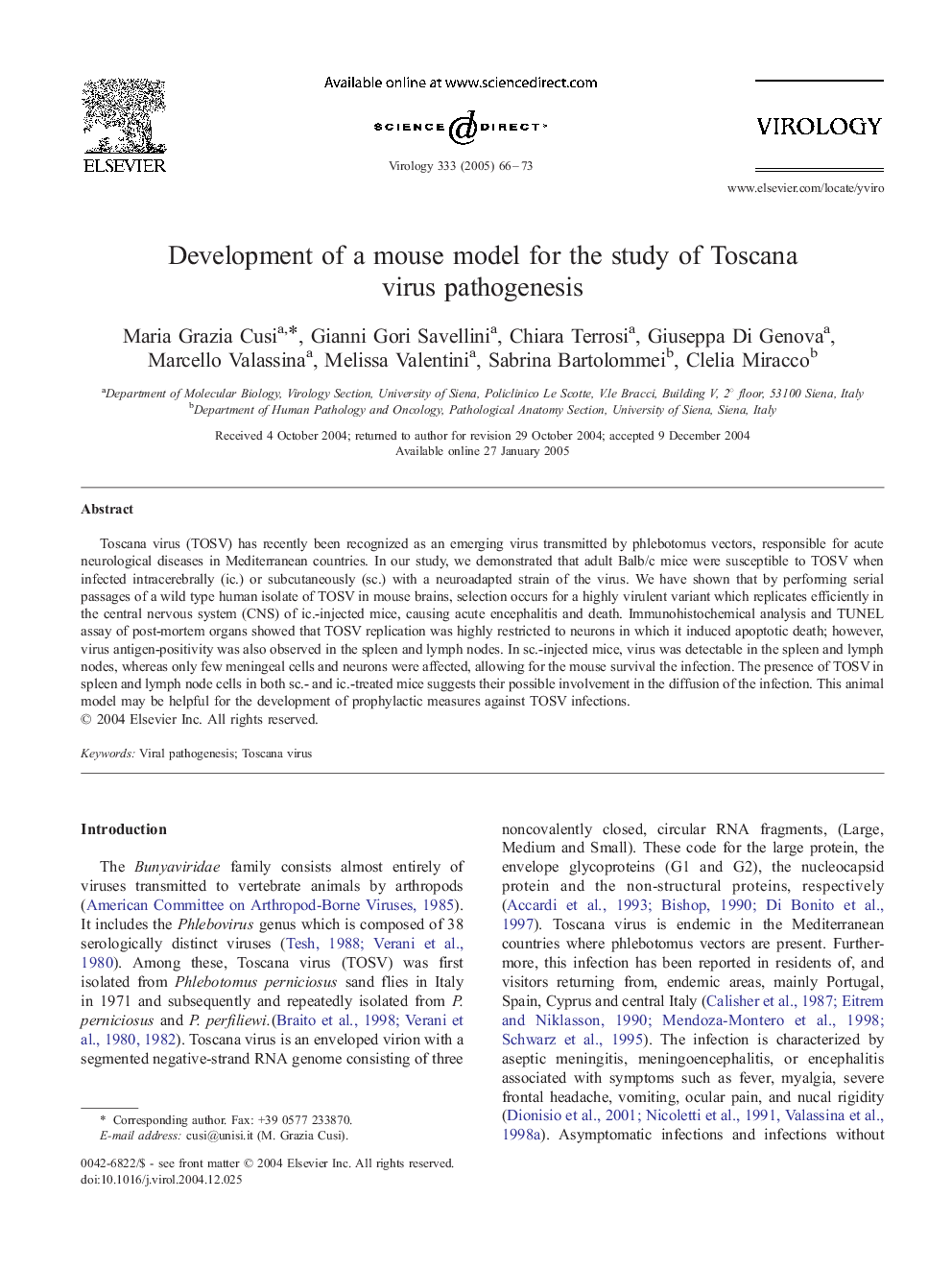 Development of a mouse model for the study of Toscana virus pathogenesis