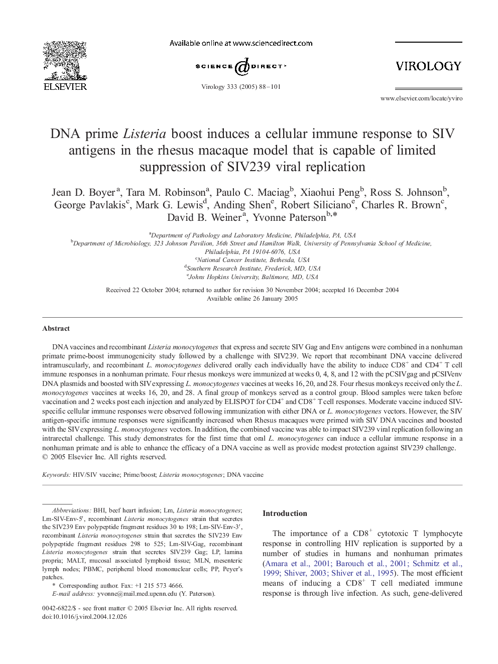 DNA prime Listeria boost induces a cellular immune response to SIV antigens in the rhesus macaque model that is capable of limited suppression of SIV239 viral replication