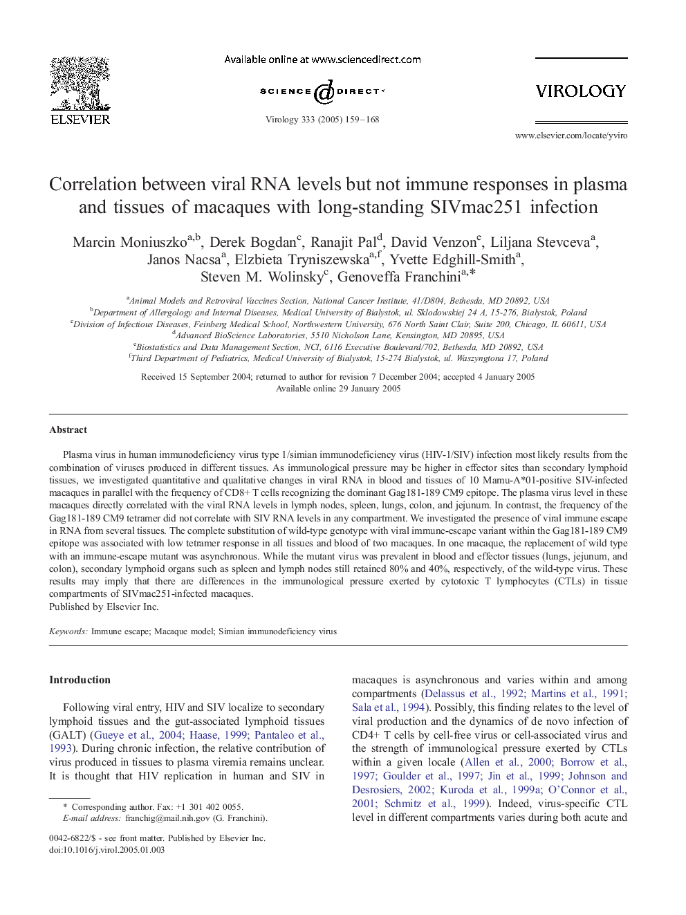 Correlation between viral RNA levels but not immune responses in plasma and tissues of macaques with long-standing SIVmac251 infection