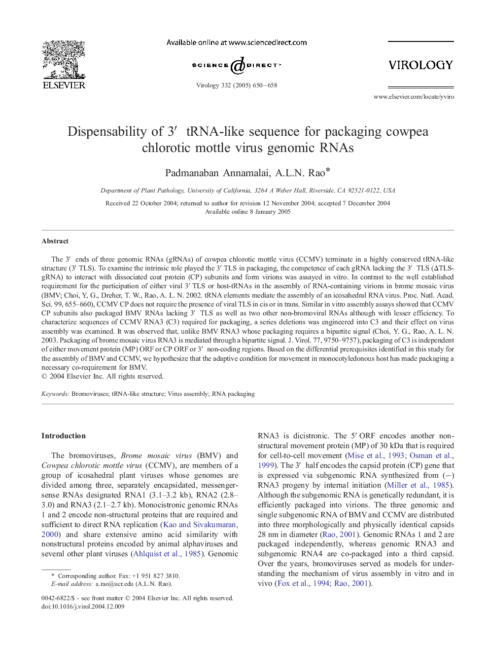 Dispensability of 3â² tRNA-like sequence for packaging cowpea chlorotic mottle virus genomic RNAs