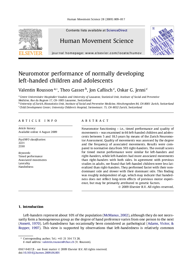 Neuromotor performance of normally developing left-handed children and adolescents