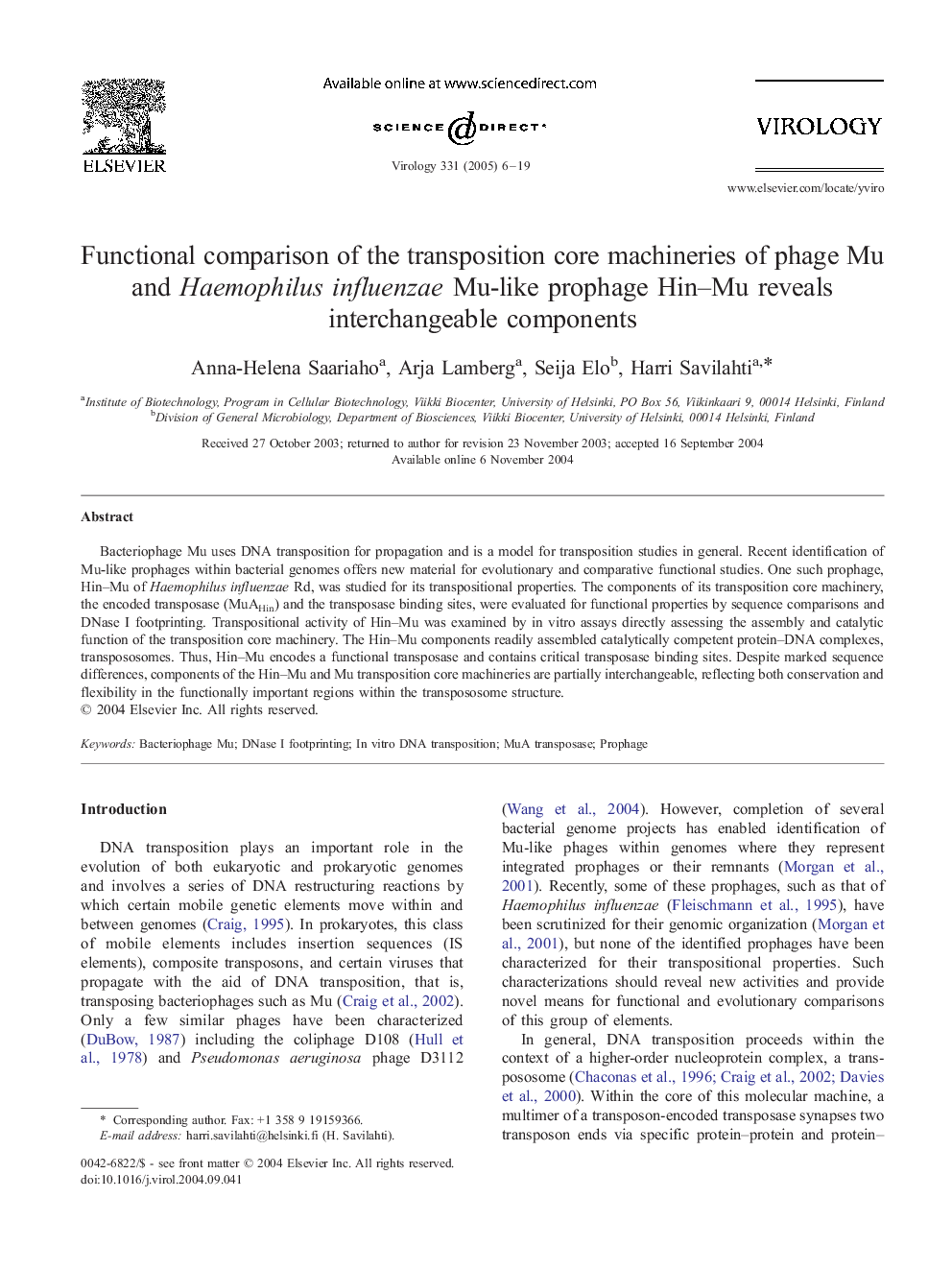 Functional comparison of the transposition core machineries of phage Mu and Haemophilus influenzae Mu-like prophage Hin-Mu reveals interchangeable components