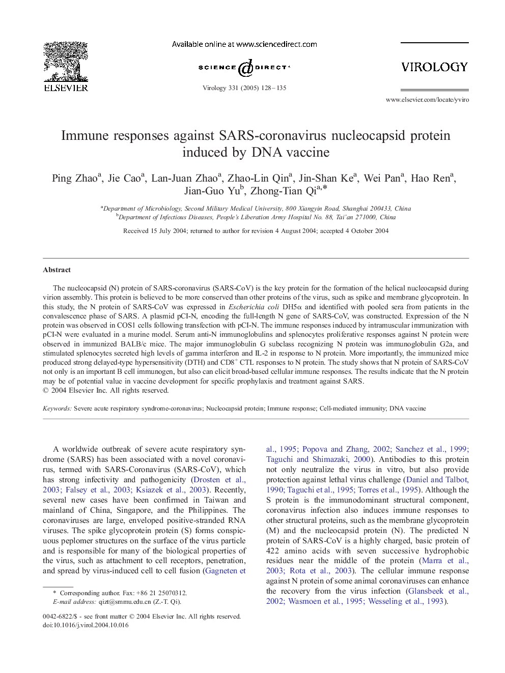 Immune responses against SARS-coronavirus nucleocapsid protein induced by DNA vaccine