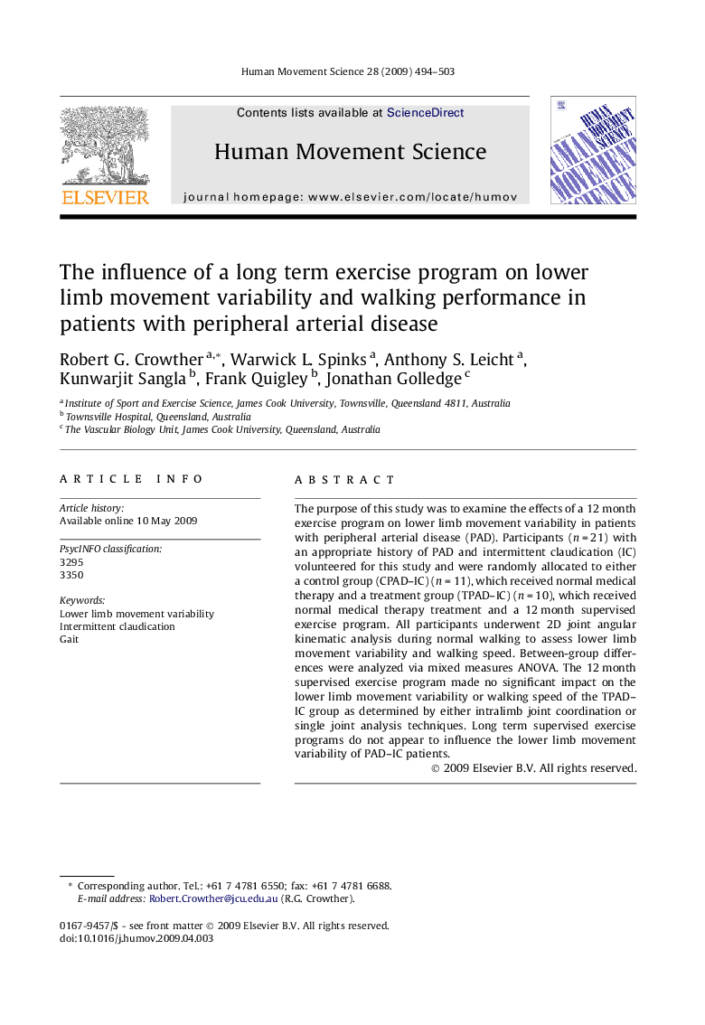 The influence of a long term exercise program on lower limb movement variability and walking performance in patients with peripheral arterial disease